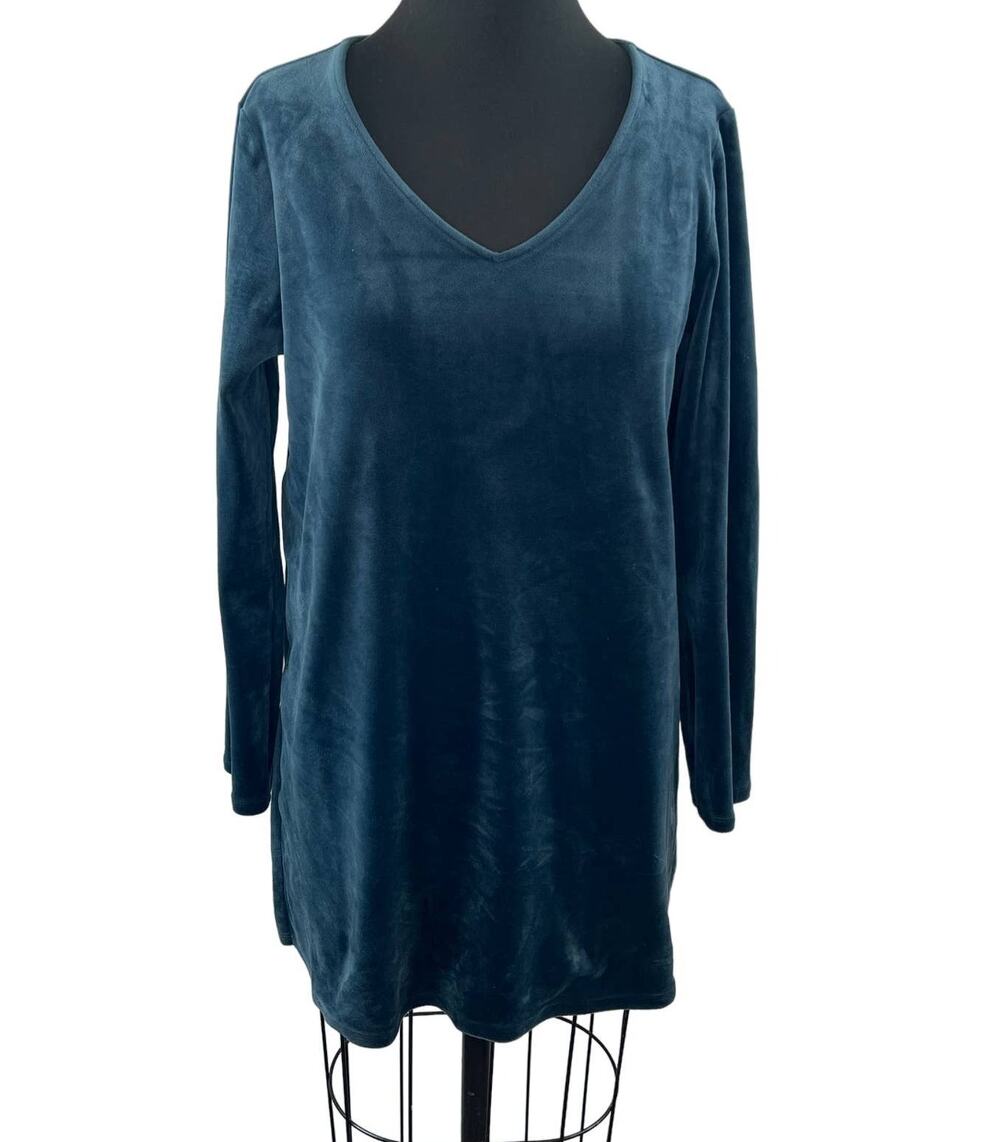 PURE JILL J. Blue Velour Velvet V-Neck Long Sleeve Tunic Top Casual Comfort M